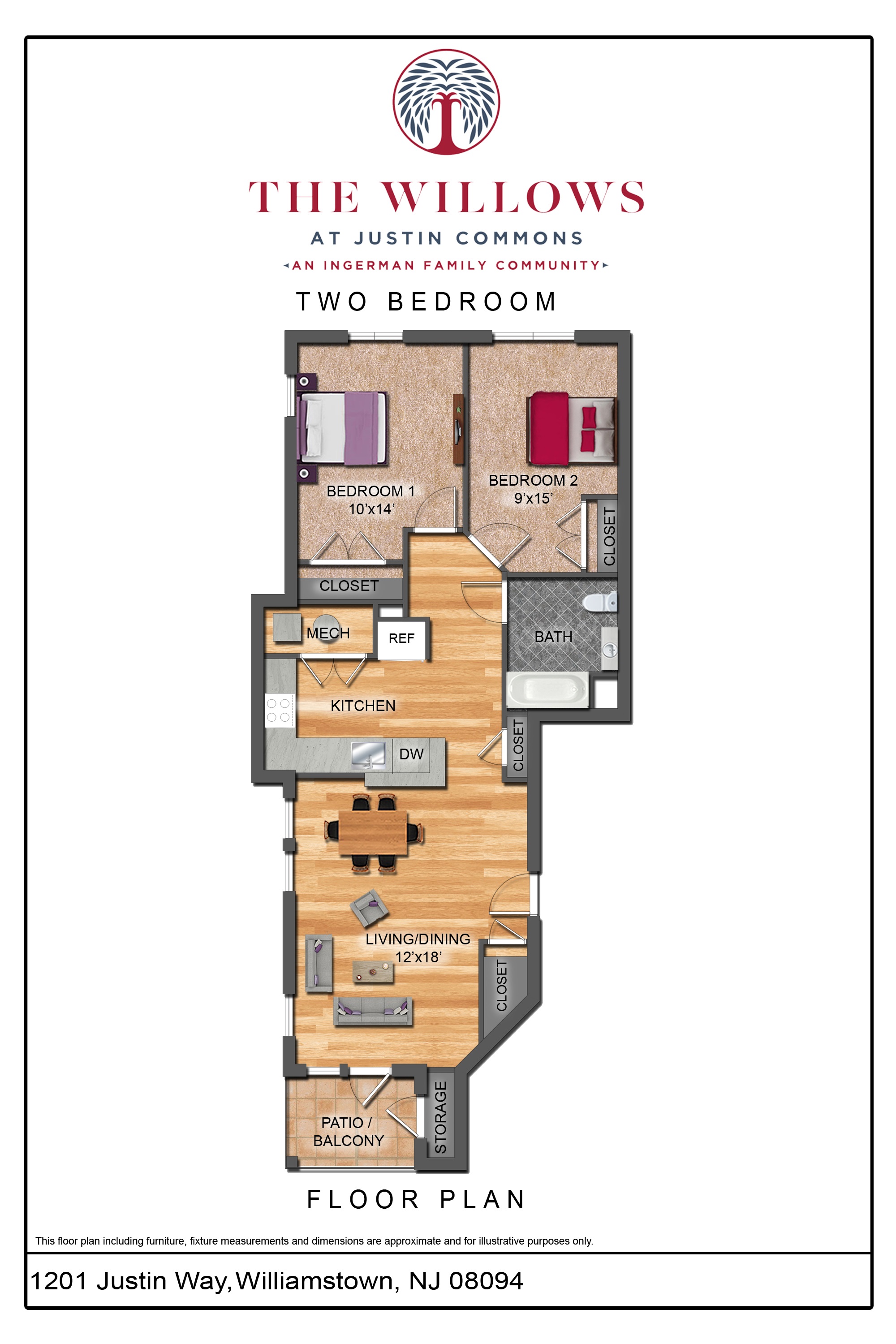 Floor plan for 1 bed, 1 bath, 750 sqft